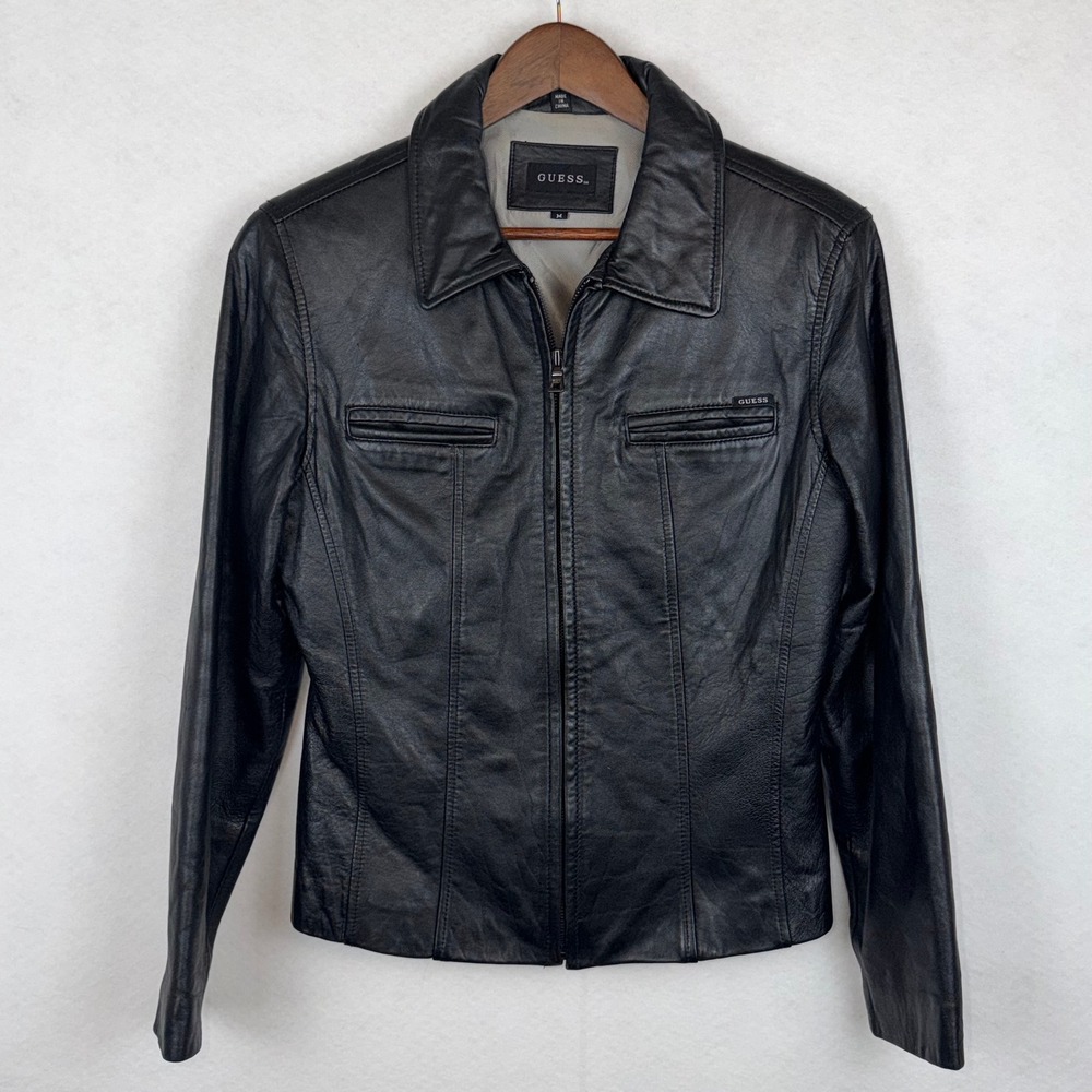 GUESS 100% Leather Jacket Womens Medium Black Zip Front Moto Biker Y2K Aesthetic